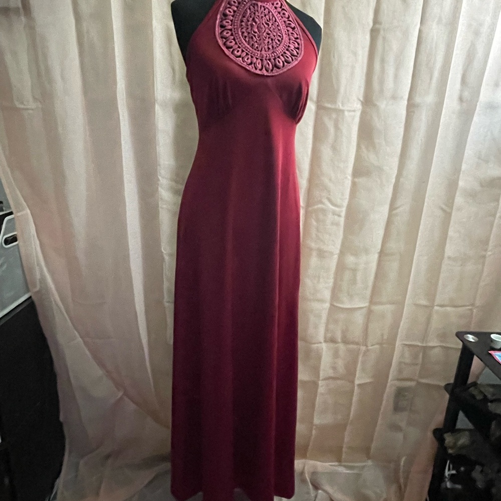 Red Halter Maxi Dress with Embellished Bib Collar